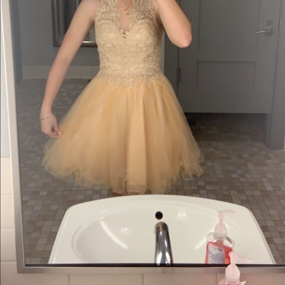 Pale peachy colored dress!